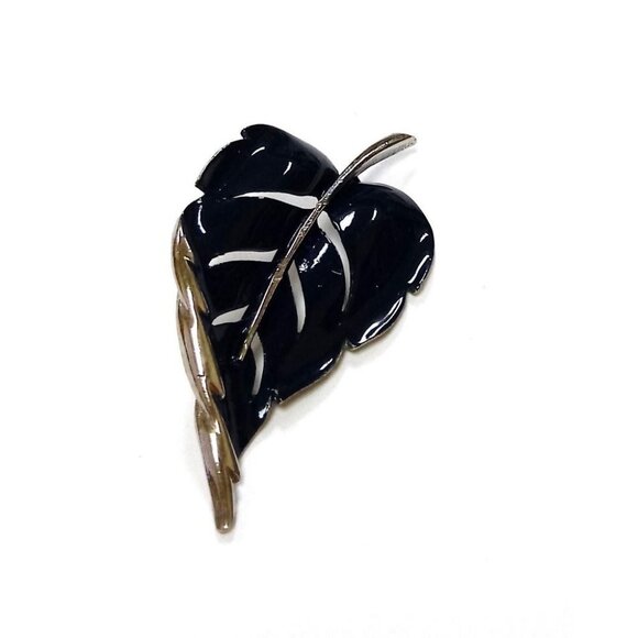 Vintage Leaf Brooch Pin In Black & Silver-Tone - Picture 10 of 10